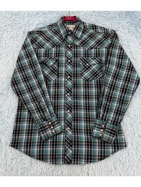 Wrangler Mens M Blue Plaid Pearl Snap Button Western Rancher Long Sleeve Shirt